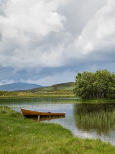 Preview wallpaper boat, lake, hills, nature, landscape