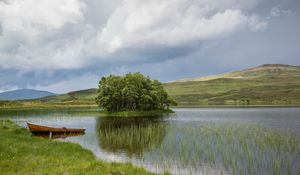 Preview wallpaper boat, lake, hills, nature, landscape
