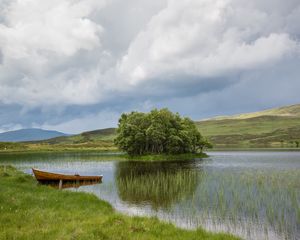 Preview wallpaper boat, lake, hills, nature, landscape