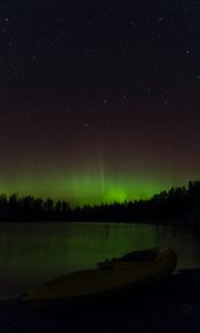 Preview wallpaper boat, lake, hills, trees, northern lights, dark