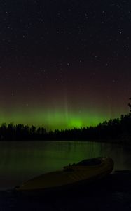 Preview wallpaper boat, lake, hills, trees, northern lights, dark