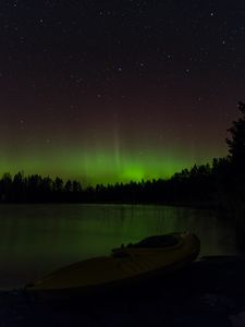 Preview wallpaper boat, lake, hills, trees, northern lights, dark