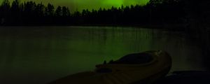 Preview wallpaper boat, lake, hills, trees, northern lights, dark