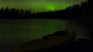 Preview wallpaper boat, lake, hills, trees, northern lights, dark