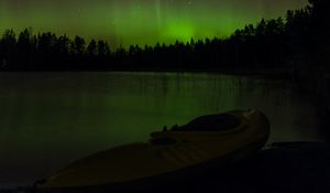 Preview wallpaper boat, lake, hills, trees, northern lights, dark