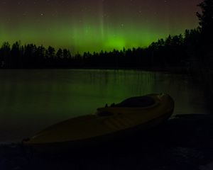 Preview wallpaper boat, lake, hills, trees, northern lights, dark