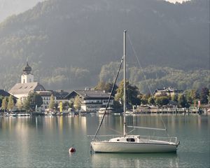 Preview wallpaper boat, lake, houses, village, mountain