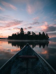 Preview wallpaper boat, lake, island, dusk