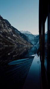 Preview wallpaper boat, lake, mountains, nature, dark