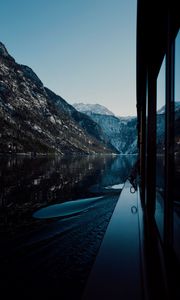 Preview wallpaper boat, lake, mountains, nature, dark