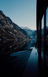 Preview wallpaper boat, lake, mountains, nature, dark