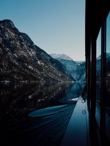 Preview wallpaper boat, lake, mountains, nature, dark