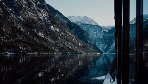 Preview wallpaper boat, lake, mountains, nature, dark