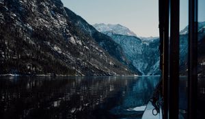 Preview wallpaper boat, lake, mountains, nature, dark