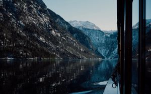 Preview wallpaper boat, lake, mountains, nature, dark