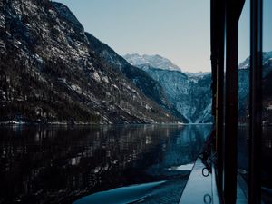 Preview wallpaper boat, lake, mountains, nature, dark