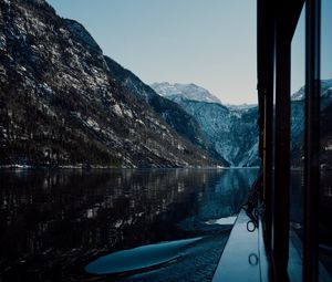 Preview wallpaper boat, lake, mountains, nature, dark