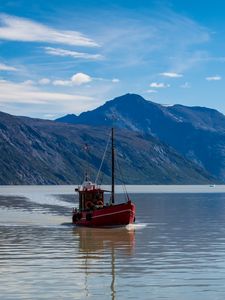 Preview wallpaper boat, lake, mountains, nature