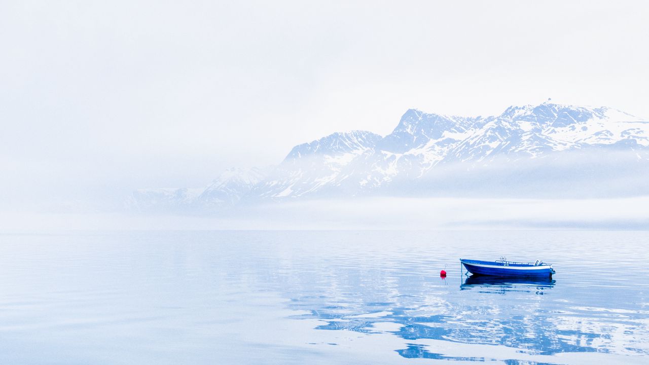 Wallpaper boat, lake, mountains, snow, nature
