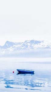 Preview wallpaper boat, lake, mountains, snow, nature