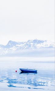 Preview wallpaper boat, lake, mountains, snow, nature