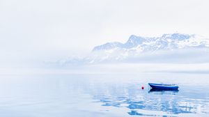Preview wallpaper boat, lake, mountains, snow, nature