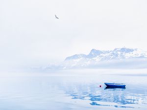 Preview wallpaper boat, lake, mountains, snow, nature