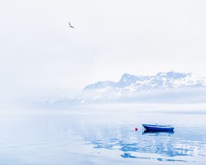 Preview wallpaper boat, lake, mountains, snow, nature