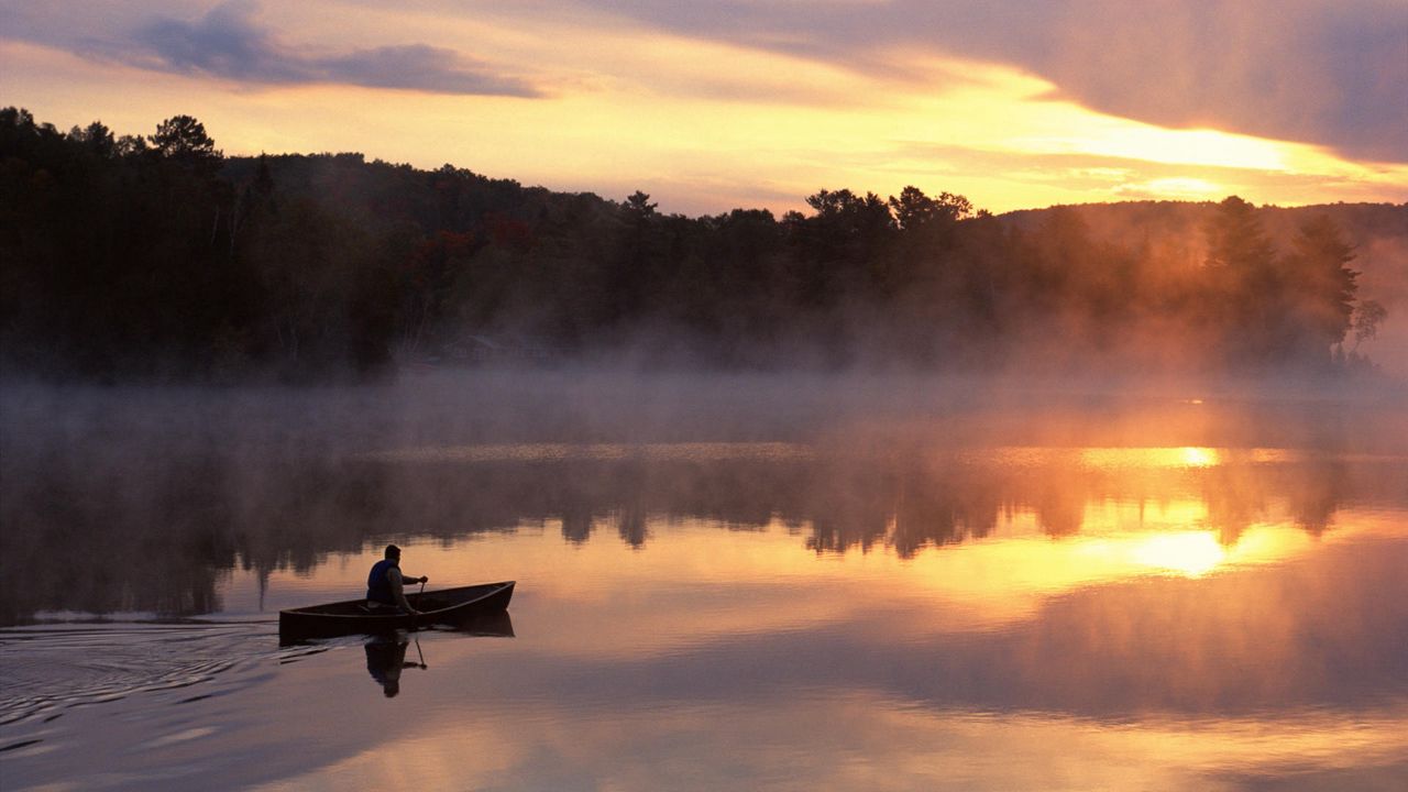 Wallpaper boat, lake, person, fog, mountains, morning