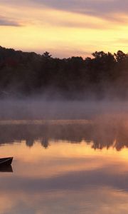 Preview wallpaper boat, lake, person, fog, mountains, morning