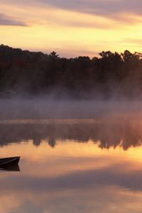 Preview wallpaper boat, lake, person, fog, mountains, morning