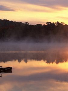 Preview wallpaper boat, lake, person, fog, mountains, morning