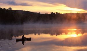 Preview wallpaper boat, lake, person, fog, mountains, morning