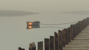 Preview wallpaper boat, lake, pier, pilings, art
