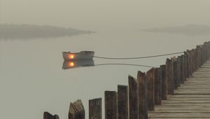 Preview wallpaper boat, lake, pier, pilings, art