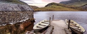 Preview wallpaper boat, lake, pier, hills