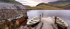 Preview wallpaper boat, lake, pier, hills