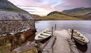 Preview wallpaper boat, lake, pier, hills