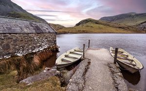 Preview wallpaper boat, lake, pier, hills