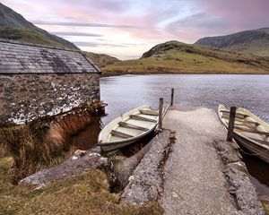 Preview wallpaper boat, lake, pier, hills