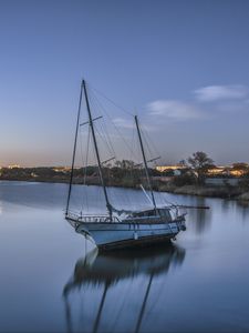 Preview wallpaper boat, lake, reflection, twilight