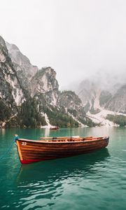 Preview wallpaper boat, lake, rocks, trees