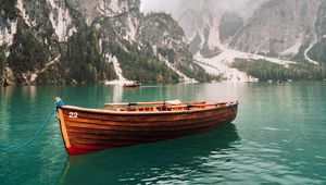 Preview wallpaper boat, lake, rocks, trees