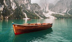Preview wallpaper boat, lake, rocks, trees