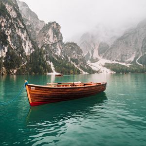 Preview wallpaper boat, lake, rocks, trees