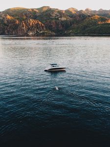 Preview wallpaper boat, lake, sea, mountains