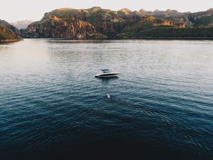 Preview wallpaper boat, lake, sea, mountains