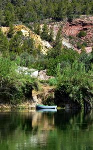 Preview wallpaper boat, lake, shore, bushes, trees, nature