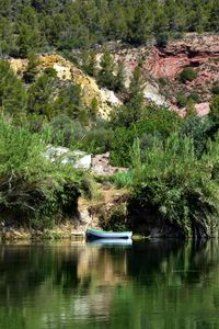 Preview wallpaper boat, lake, shore, bushes, trees, nature