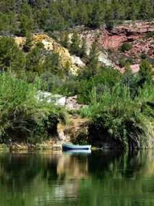 Preview wallpaper boat, lake, shore, bushes, trees, nature